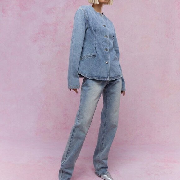 Blue Casual Women's Buttoned Round Collar Long Loose Sleeves Denim Jacket - Picture 4 of 4